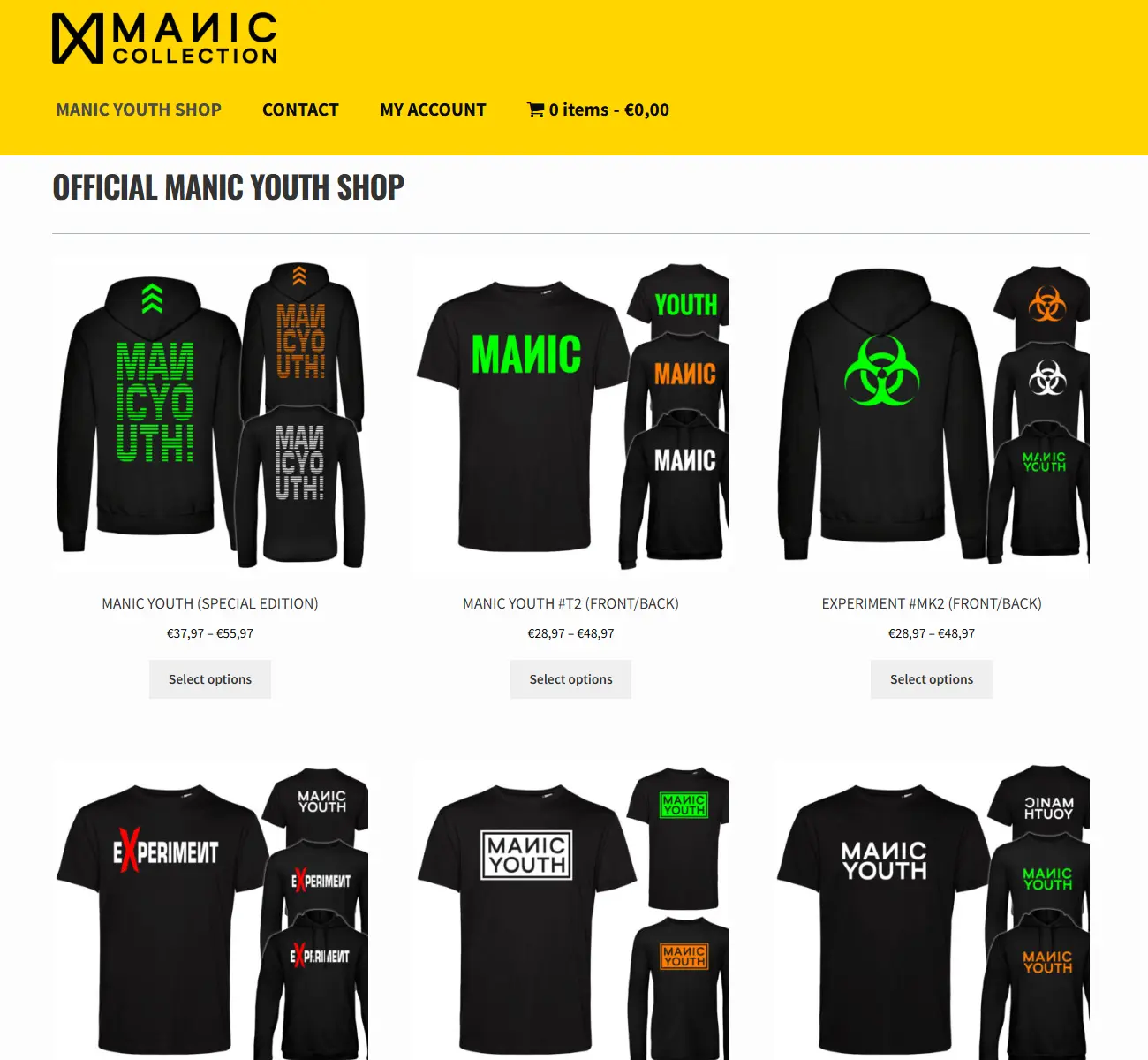 WooCommerce webshop van Manic Collection met kleding en merchandise