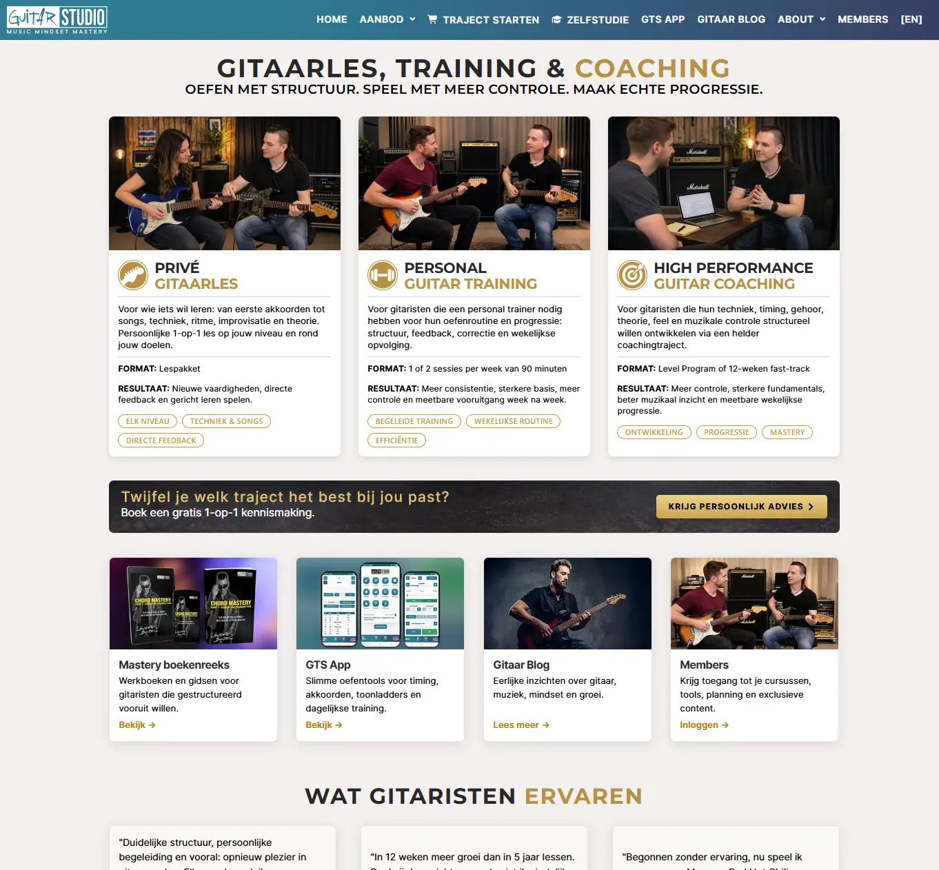 WordPress website van Guitar Studio met gitaarlessen, training en coaching