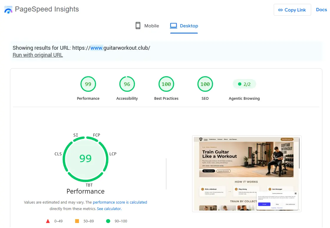 Google PageSpeed Insights resultaat voor een door Baustein.digital gebouwde website op desktop
