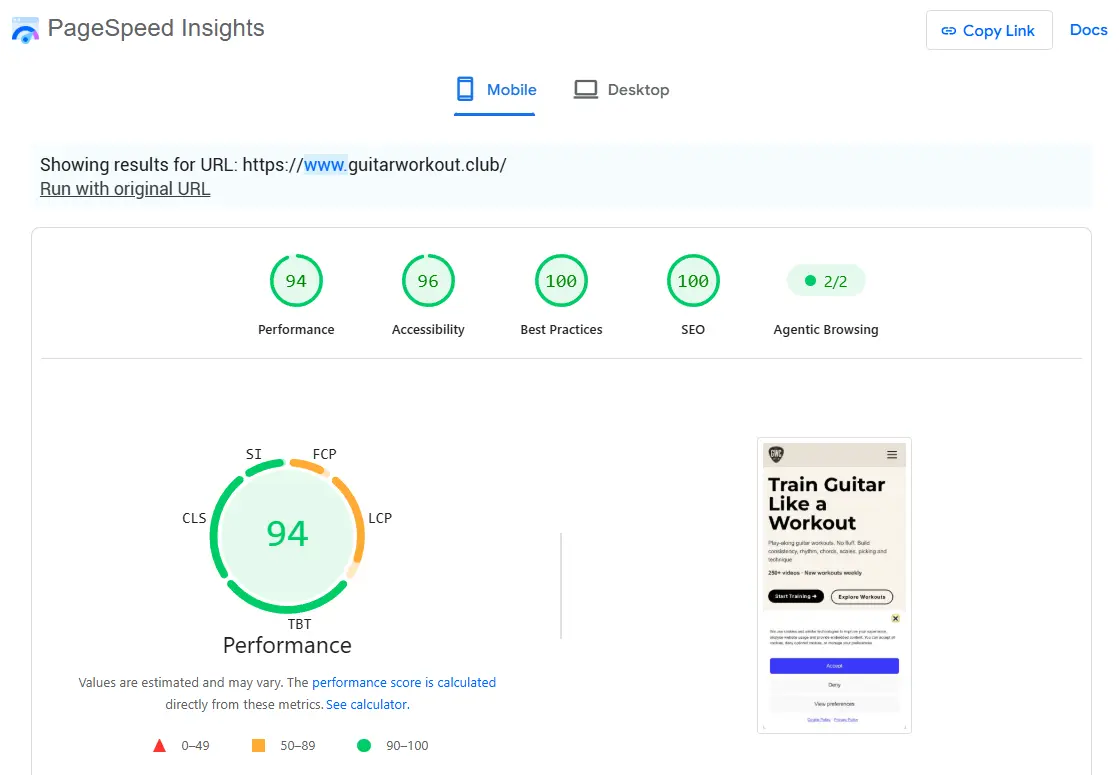 Google PageSpeed Insights resultaat voor een door Baustein.digital gebouwde website op mobiel